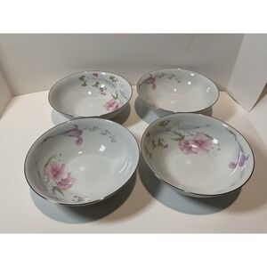 Couture Fine China Pretty Bouquet MD108 Set of 4 Bowls Pink Floral Silver Rim